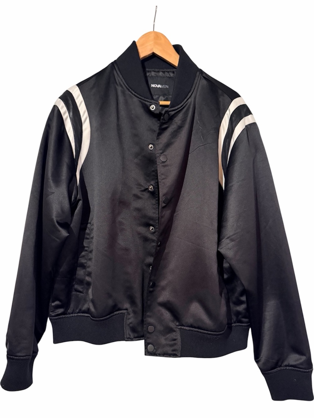 Fashion Nova Men Black Satin Bomber Jacket with Varsity Shoulder Stripes Large